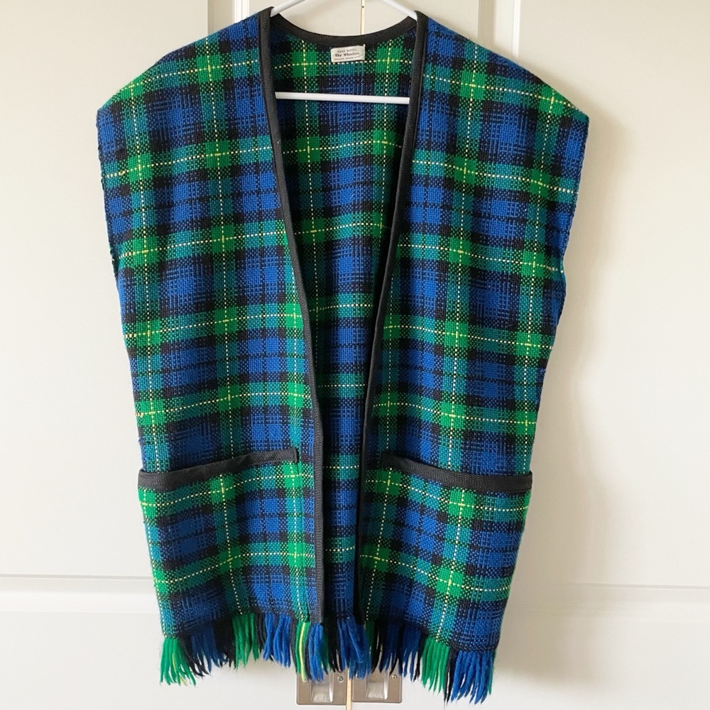 Vintage The Wheelers Hand Woven Plaid Fringed Green Blue Vest